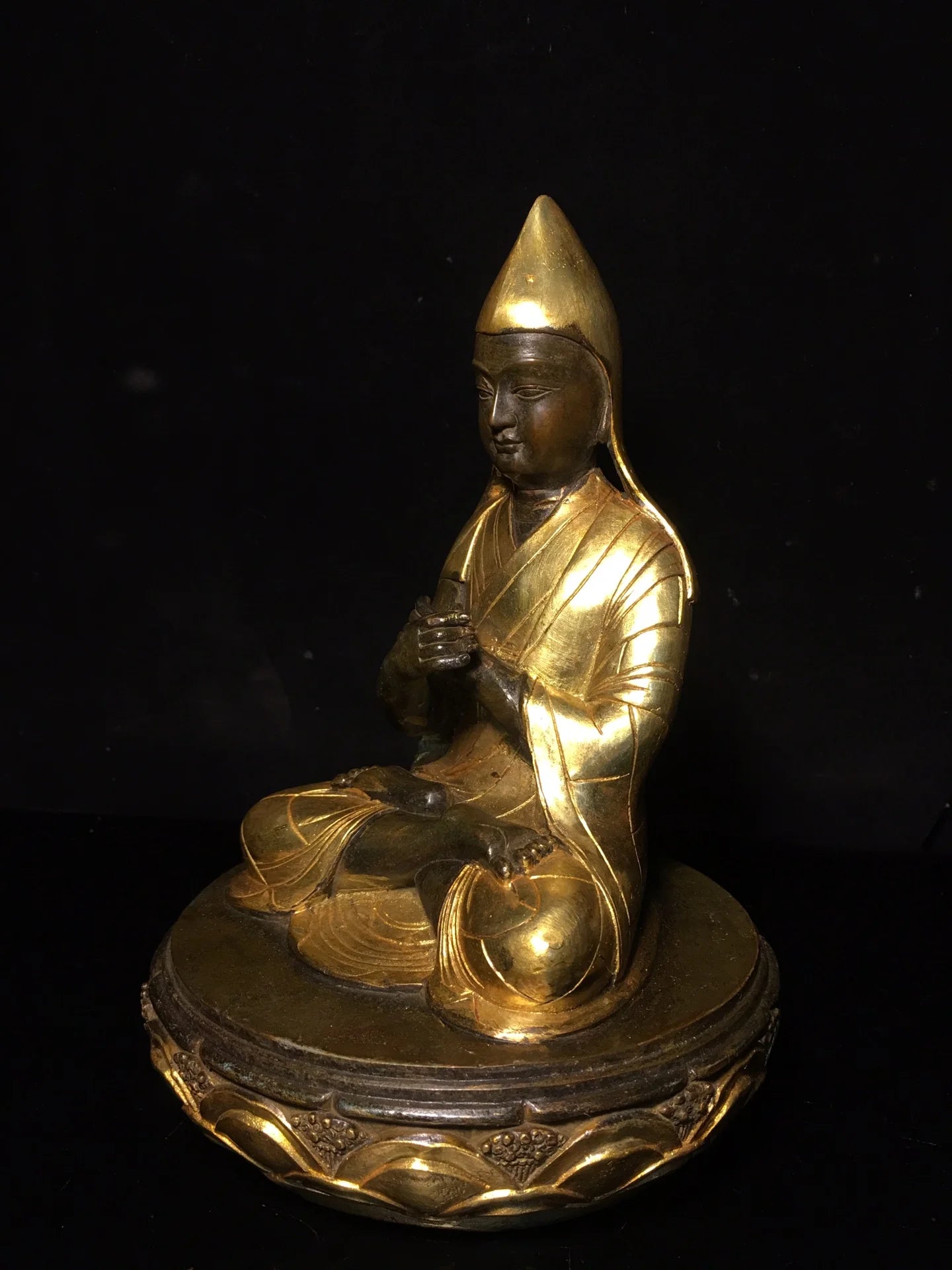 9"Tibetan Temple Collection Old Bronze Gilt Tsongkhapa lotus buddha Worship Hall Town house Exorcism