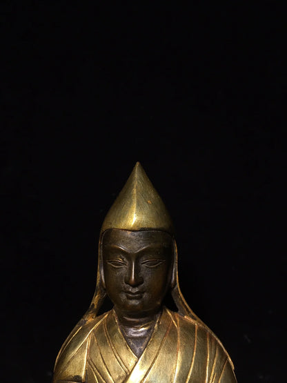 9"Tibetan Temple Collection Old Bronze Gilt Tsongkhapa lotus buddha Worship Hall Town house Exorcism