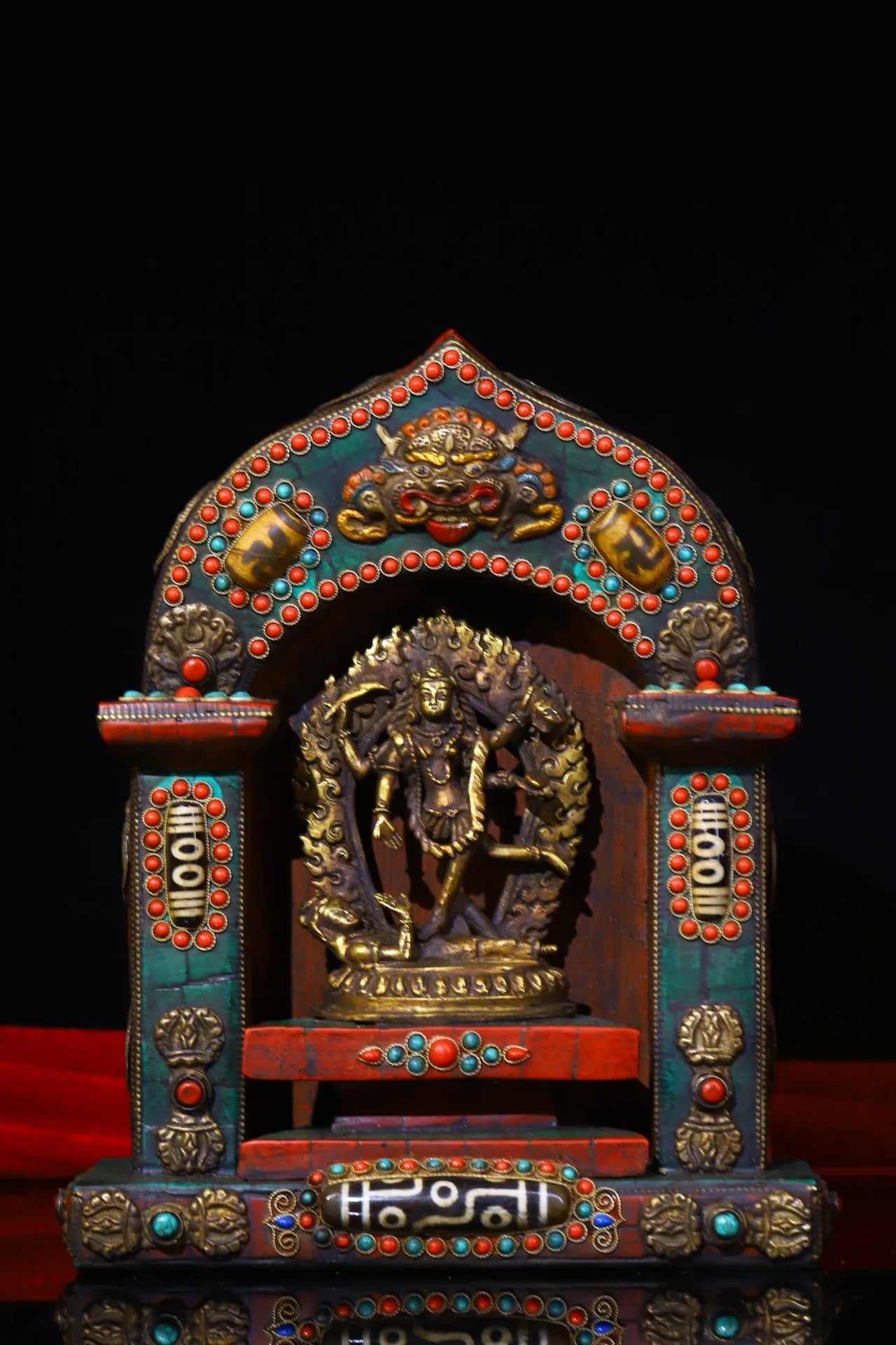 9"Tibetan Temple Collection Old Bronze Mosaic Gem gZi Beads Free Tara Bodhisattva Six-armed Guanyin Buddhist altar Worship Hall