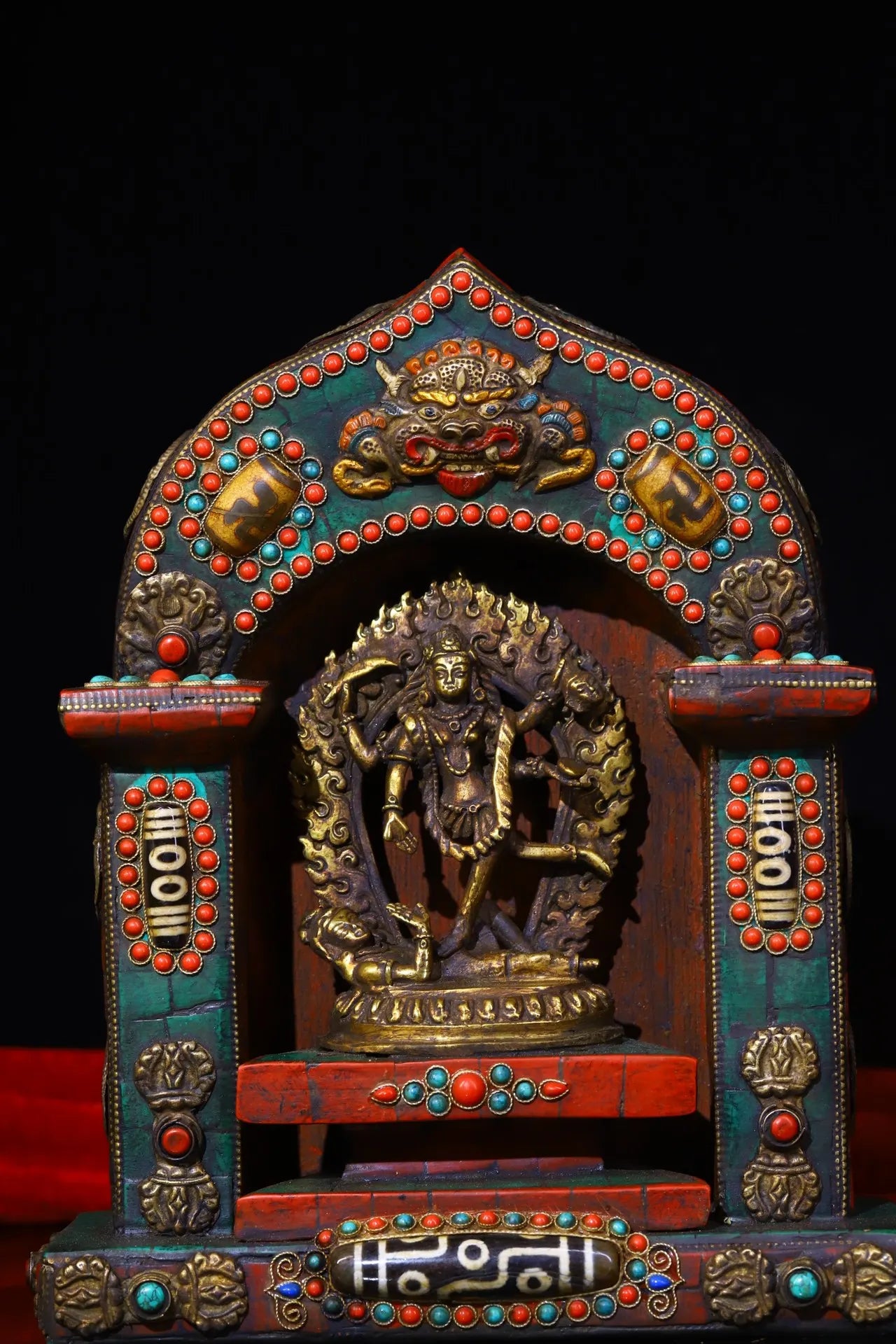 9"Tibetan Temple Collection Old Bronze Mosaic Gem gZi Beads Free Tara Bodhisattva Six-armed Guanyin Buddhist altar Worship Hall