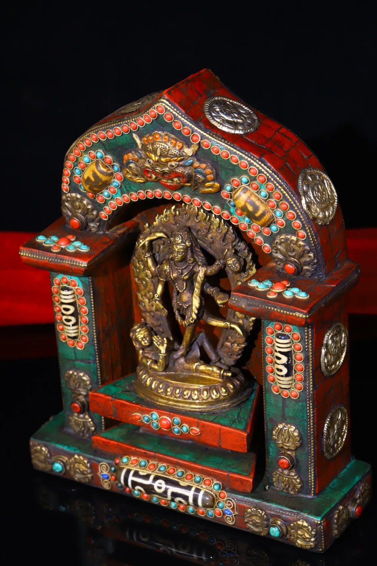 9"Tibetan Temple Collection Old Bronze Mosaic Gem gZi Beads Free Tara Bodhisattva Six-armed Guanyin Buddhist altar Worship Hall