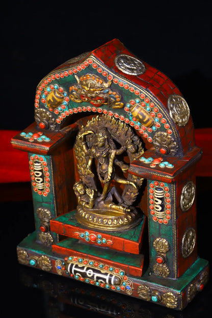 9"Tibetan Temple Collection Old Bronze Mosaic Gem gZi Beads Free Tara Bodhisattva Six-armed Guanyin Buddhist altar Worship Hall