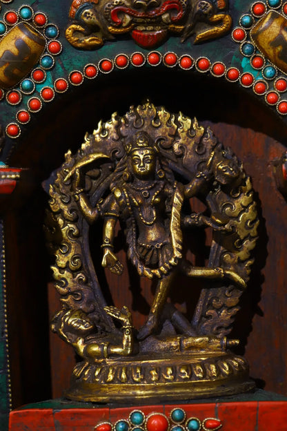 9"Tibetan Temple Collection Old Bronze Mosaic Gem gZi Beads Free Tara Bodhisattva Six-armed Guanyin Buddhist altar Worship Hall