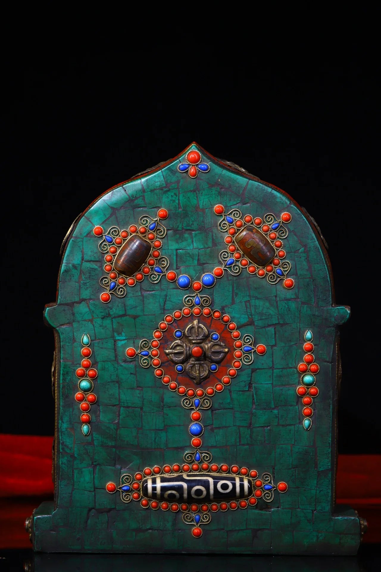 9"Tibetan Temple Collection Old Bronze Mosaic Gem gZi Beads Free Tara Bodhisattva Six-armed Guanyin Buddhist altar Worship Hall