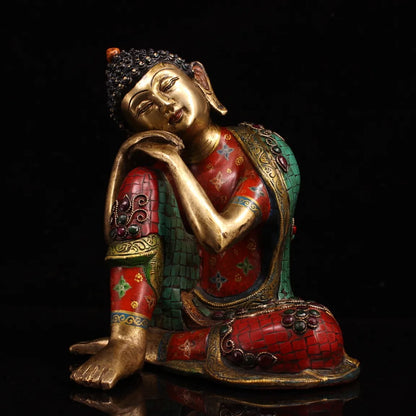 9"Tibetan Temple Collection Old Bronze Outline in gold Gem Free Buddha sleeping buddha meditation Shakyamuni Town House