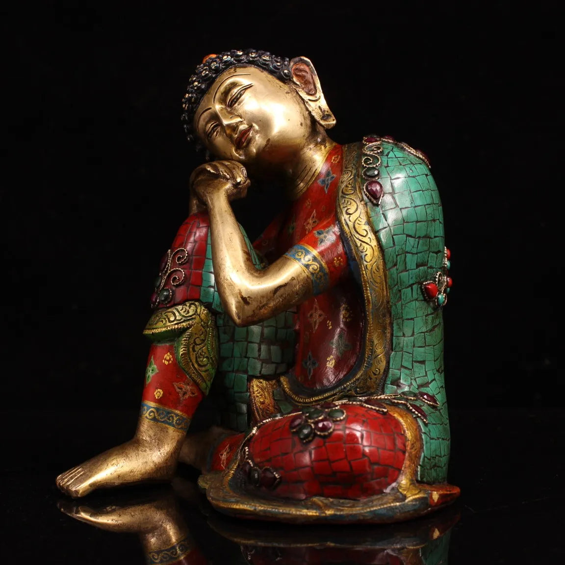 9"Tibetan Temple Collection Old Bronze Outline in gold Gem Free Buddha sleeping buddha meditation Shakyamuni Town House