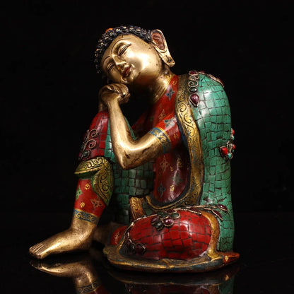 9"Tibetan Temple Collection Old Bronze Outline in gold Gem Free Buddha sleeping buddha meditation Shakyamuni Town House