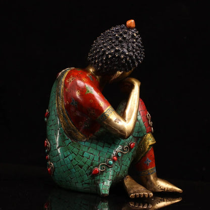 9"Tibetan Temple Collection Old Bronze Outline in gold Gem Free Buddha sleeping buddha meditation Shakyamuni Town House