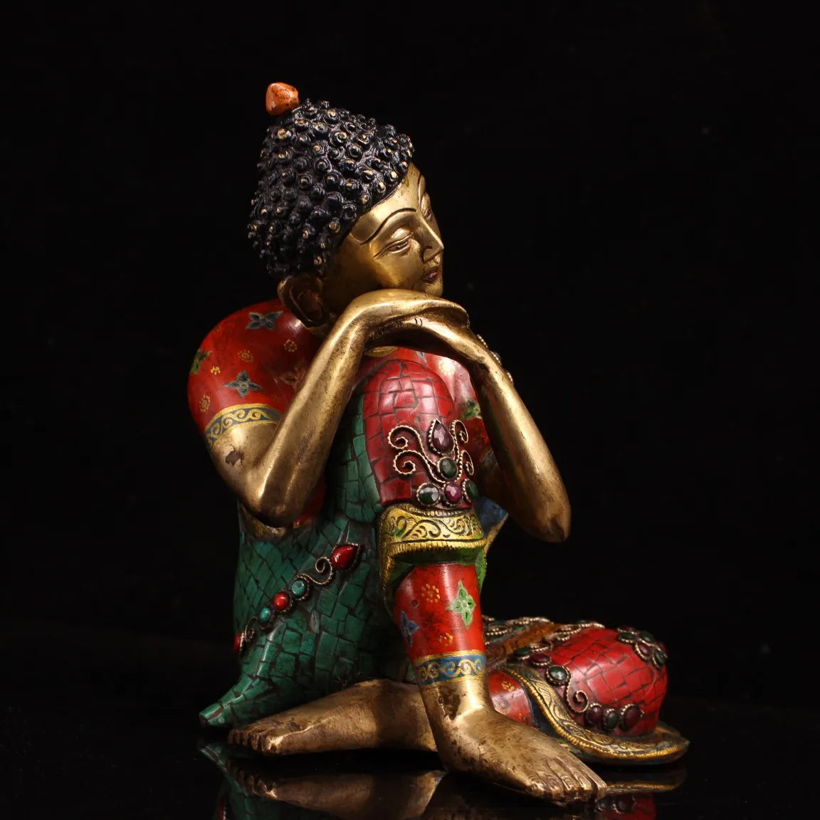 9"Tibetan Temple Collection Old Bronze Outline in gold Gem Free Buddha sleeping buddha meditation Shakyamuni Town House