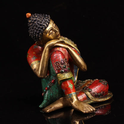 9"Tibetan Temple Collection Old Bronze Outline in gold Gem Free Buddha sleeping buddha meditation Shakyamuni Town House