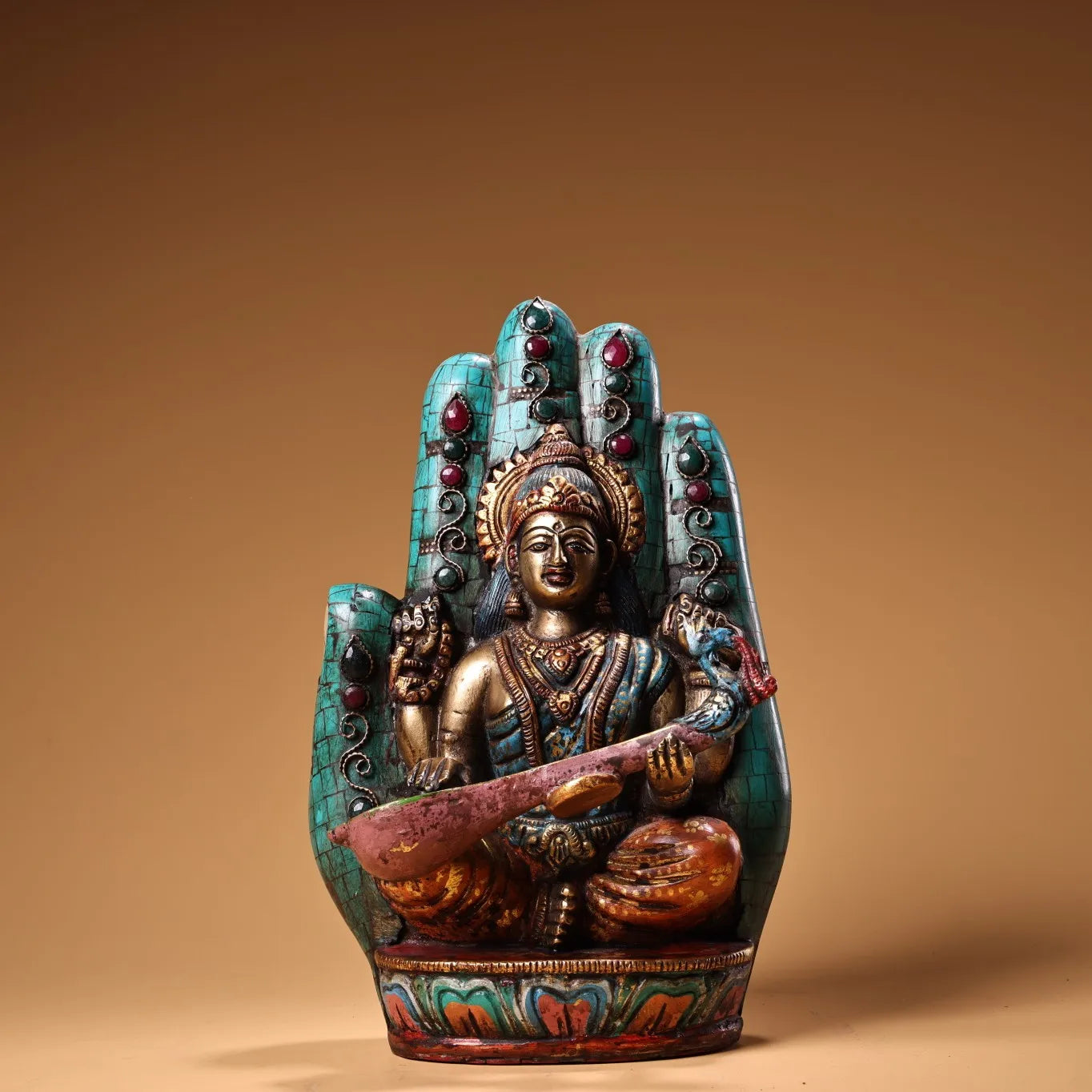 9"Tibetan Temple Collection Old Bronze Outline in gold Mosaic Gem Turquoise Bergamot Sarasvati Goddess Buddha Worship Hall