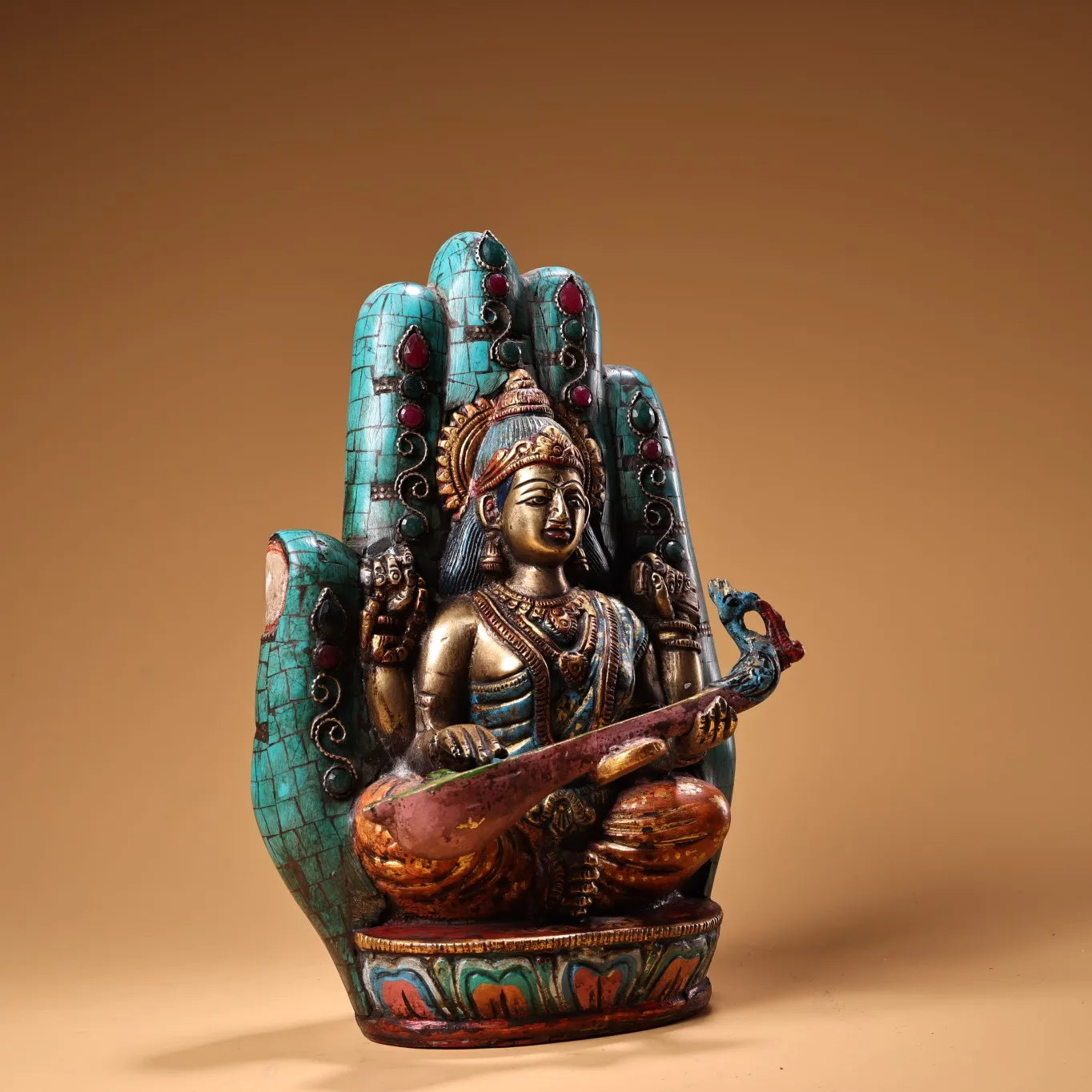 9"Tibetan Temple Collection Old Bronze Outline in gold Mosaic Gem Turquoise Bergamot Sarasvati Goddess Buddha Worship Hall