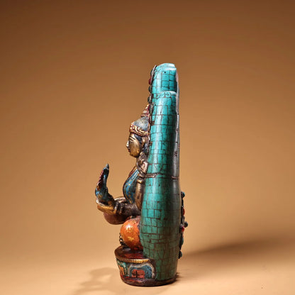 9"Tibetan Temple Collection Old Bronze Outline in gold Mosaic Gem Turquoise Bergamot Sarasvati Goddess Buddha Worship Hall
