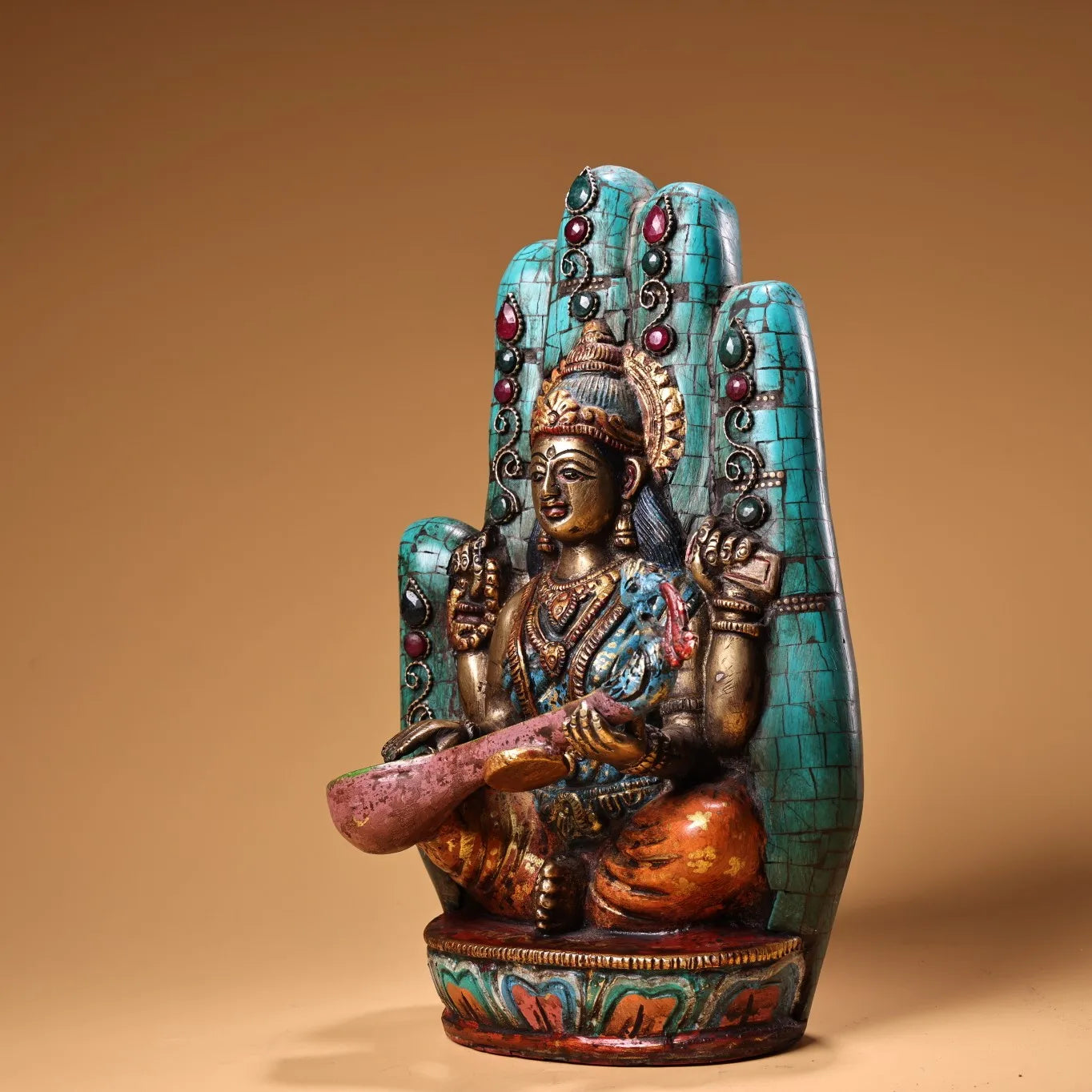 9"Tibetan Temple Collection Old Bronze Outline in gold Mosaic Gem Turquoise Bergamot Sarasvati Goddess Buddha Worship Hall