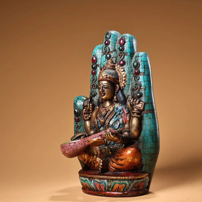 9"Tibetan Temple Collection Old Bronze Outline in gold Mosaic Gem Turquoise Bergamot Sarasvati Goddess Buddha Worship Hall