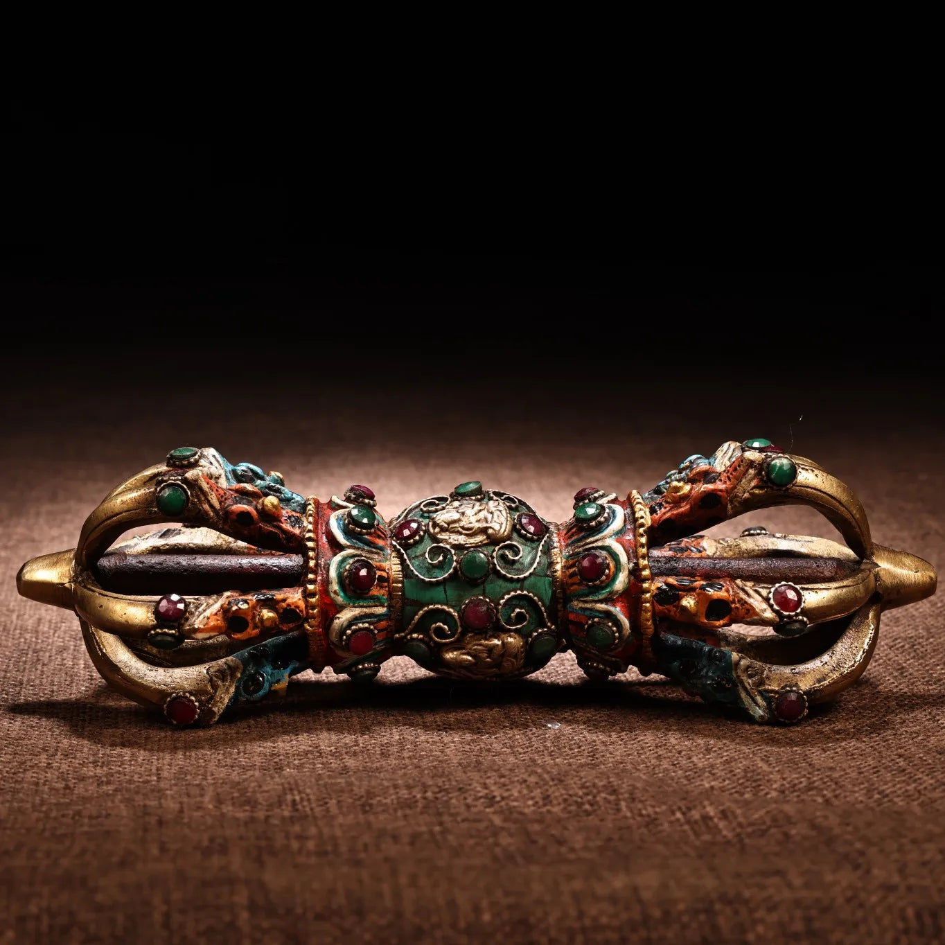 9"Tibetan Temple Collection Old Bronze Outline in gold Mosaic Gem Turquoise  Buddha Nine Shares Dorje Vajra Phurpa Worship Hall