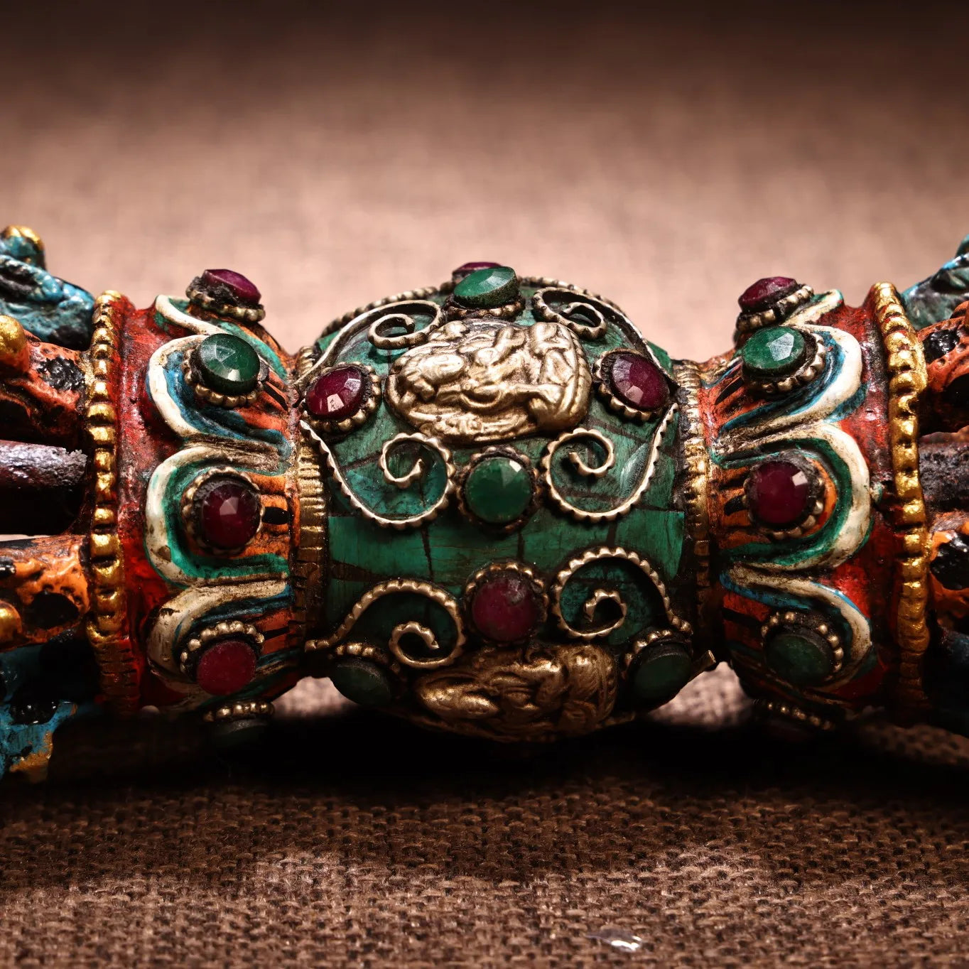 9"Tibetan Temple Collection Old Bronze Outline in gold Mosaic Gem Turquoise  Buddha Nine Shares Dorje Vajra Phurpa Worship Hall