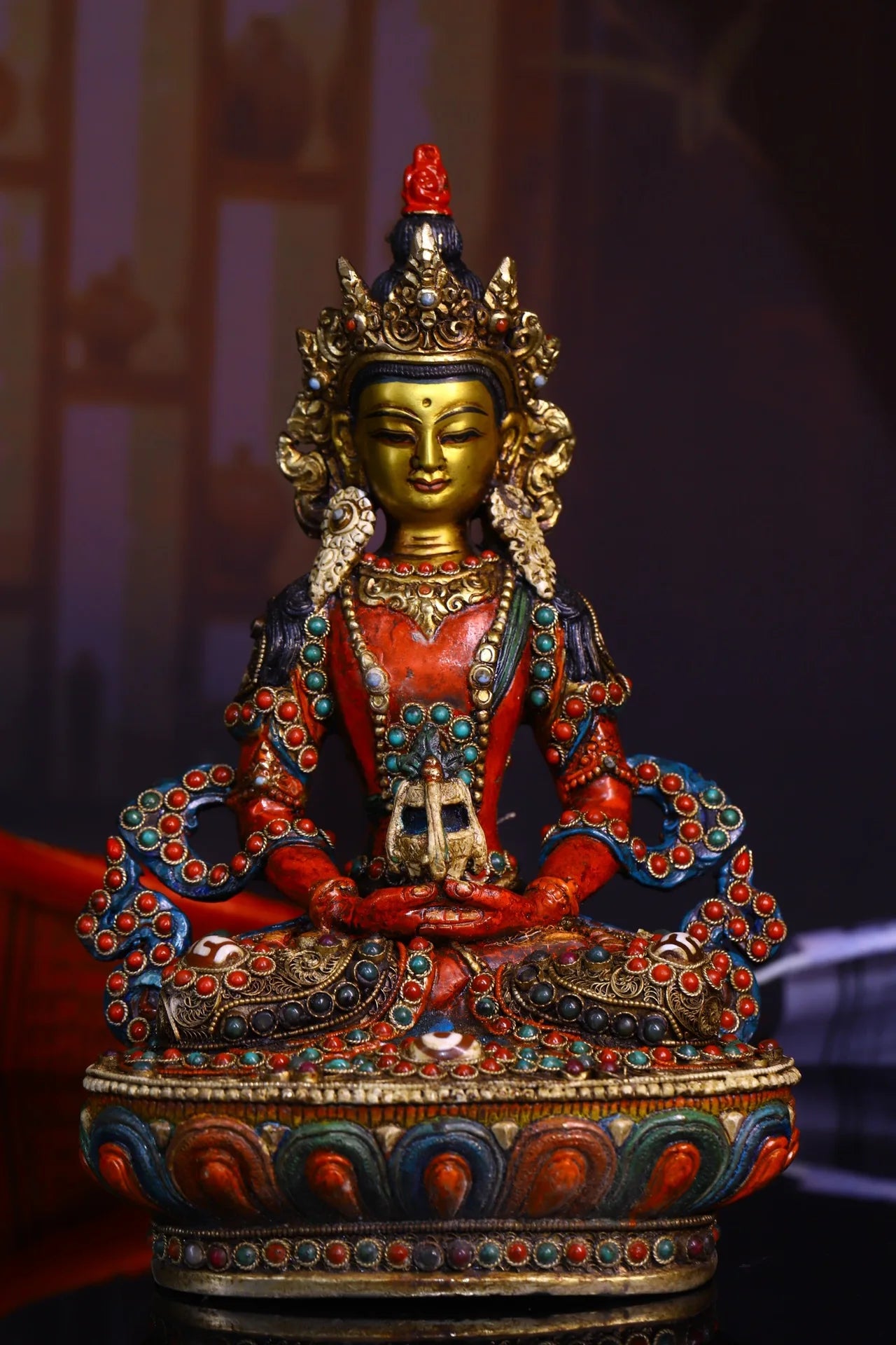 9"Tibetan Temple Collection Old Bronze Outline in gold Painted Mosaic Gem gZi Beads Amitayus Longevity Buddha Worship Hall