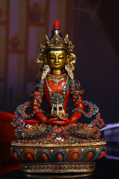 9"Tibetan Temple Collection Old Bronze Outline in gold Painted Mosaic Gem gZi Beads Amitayus Longevity Buddha Worship Hall