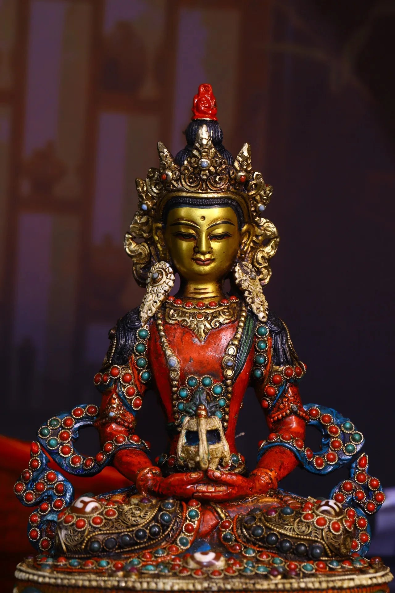 9"Tibetan Temple Collection Old Bronze Outline in gold Painted Mosaic Gem gZi Beads Amitayus Longevity Buddha Worship Hall
