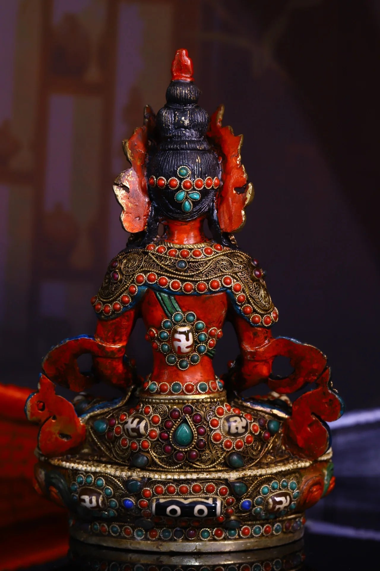 9"Tibetan Temple Collection Old Bronze Outline in gold Painted Mosaic Gem gZi Beads Amitayus Longevity Buddha Worship Hall