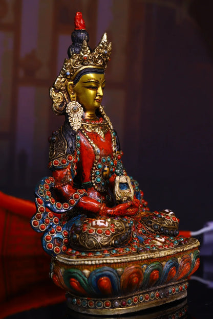 9"Tibetan Temple Collection Old Bronze Outline in gold Painted Mosaic Gem gZi Beads Amitayus Longevity Buddha Worship Hall