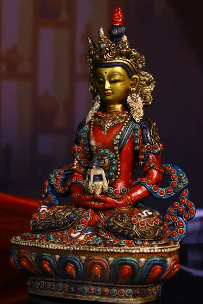 9"Tibetan Temple Collection Old Bronze Outline in gold Painted Mosaic Gem gZi Beads Amitayus Longevity Buddha Worship Hall