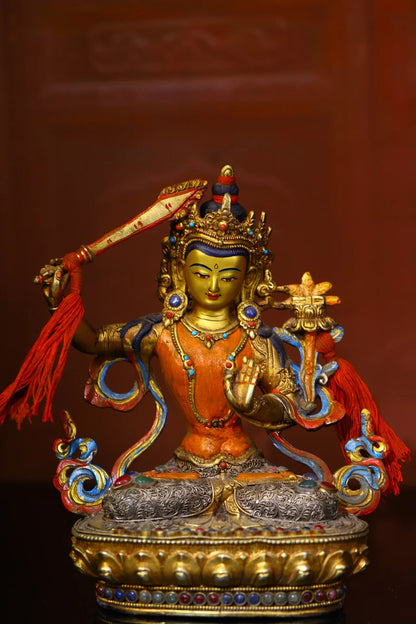 9"Tibetan Temple Collection Old Bronze Outline in gold Painted Mosaic Gem gZi Beads Manjushri Bodhisattva Buddha Worship Hall