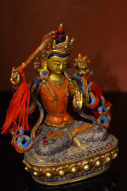 9"Tibetan Temple Collection Old Bronze Outline in gold Painted Mosaic Gem gZi Beads Manjushri Bodhisattva Buddha Worship Hall