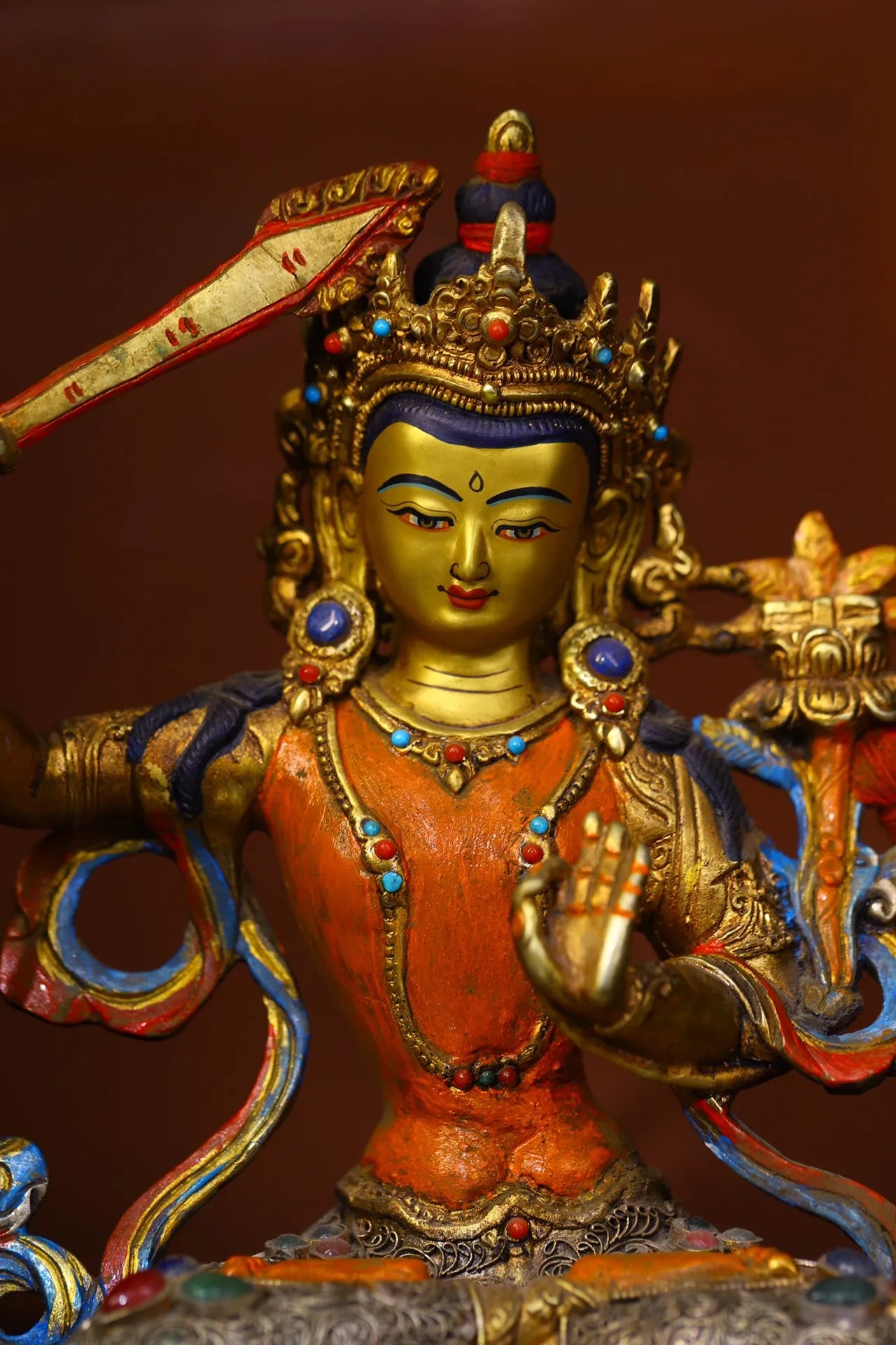 9"Tibetan Temple Collection Old Bronze Outline in gold Painted Mosaic Gem gZi Beads Manjushri Bodhisattva Buddha Worship Hall