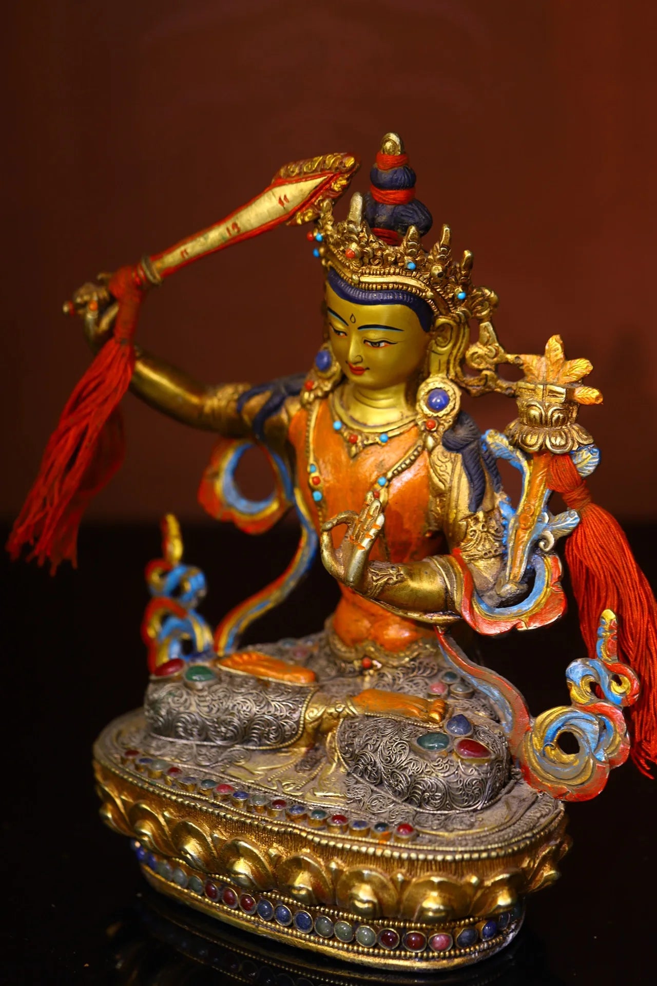 9"Tibetan Temple Collection Old Bronze Outline in gold Painted Mosaic Gem gZi Beads Manjushri Bodhisattva Buddha Worship Hall