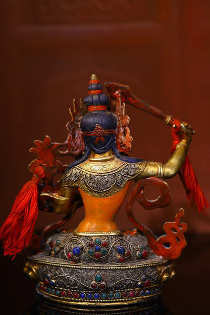 9"Tibetan Temple Collection Old Bronze Outline in gold Painted Mosaic Gem gZi Beads Manjushri Bodhisattva Buddha Worship Hall