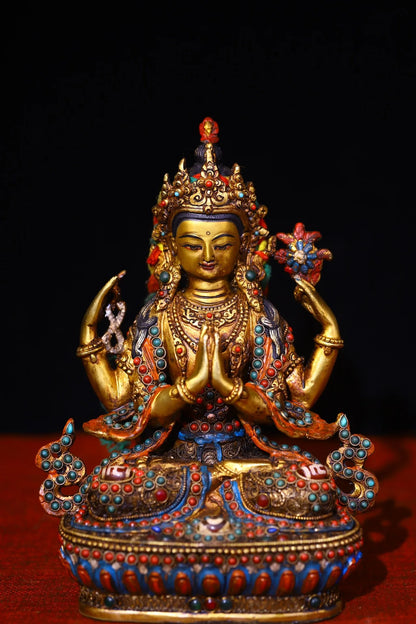 9"Tibetan Temple Collection Old Bronze Outline in gold mosaic Mosaic Gem gZi Beads Four-armed Guanyin Buddha Worship Hall