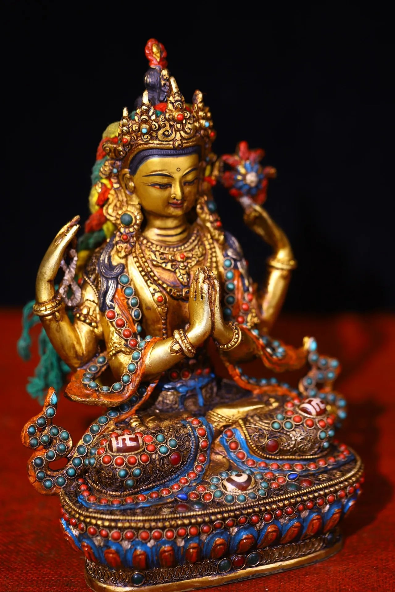 9"Tibetan Temple Collection Old Bronze Outline in gold mosaic Mosaic Gem gZi Beads Four-armed Guanyin Buddha Worship Hall