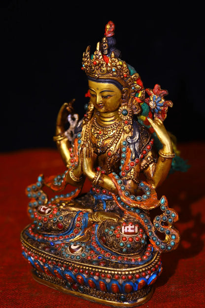 9"Tibetan Temple Collection Old Bronze Outline in gold mosaic Mosaic Gem gZi Beads Four-armed Guanyin Buddha Worship Hall