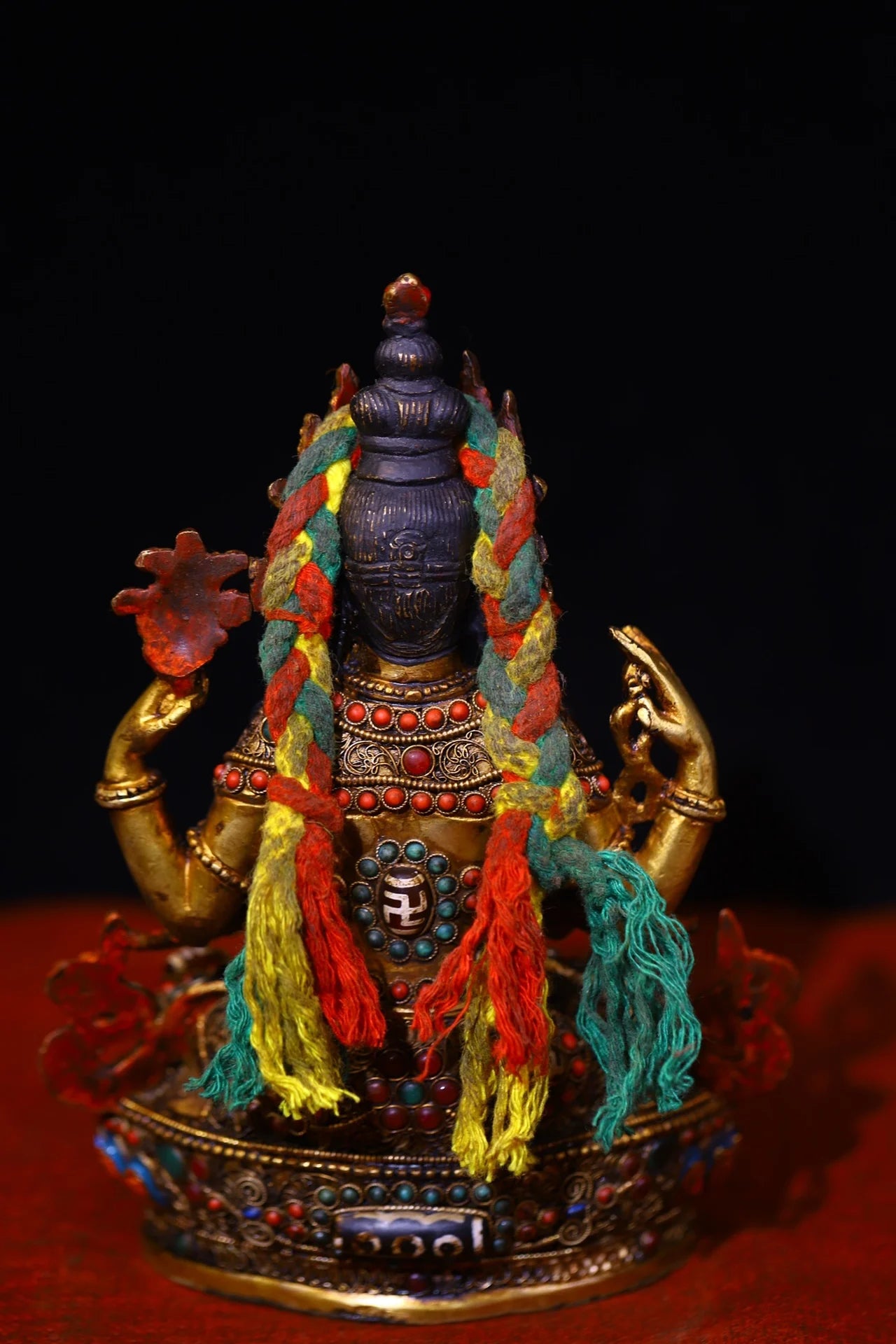 9"Tibetan Temple Collection Old Bronze Outline in gold mosaic Mosaic Gem gZi Beads Four-armed Guanyin Buddha Worship Hall
