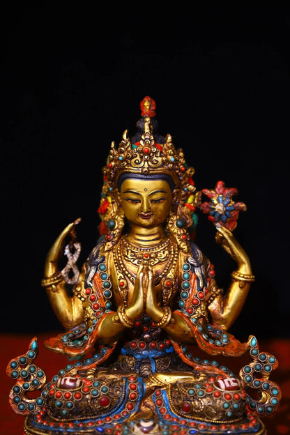 9"Tibetan Temple Collection Old Bronze Outline in gold mosaic Mosaic Gem gZi Beads Four-armed Guanyin Buddha Worship Hall