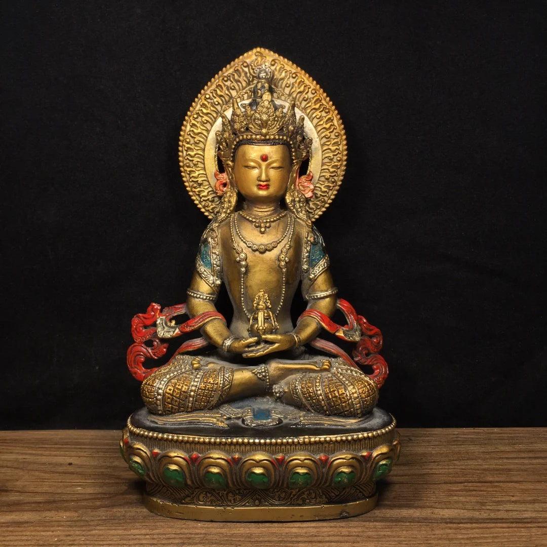 9"Tibetan Temple Collection Old Bronze Painted Amitayus Longevity Buddha Backlight lotus platform Worship Hall Town House