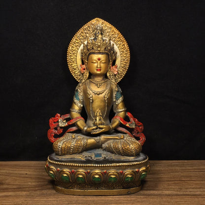 9"Tibetan Temple Collection Old Bronze Painted Amitayus Longevity Buddha Backlight lotus platform Worship Hall Town House