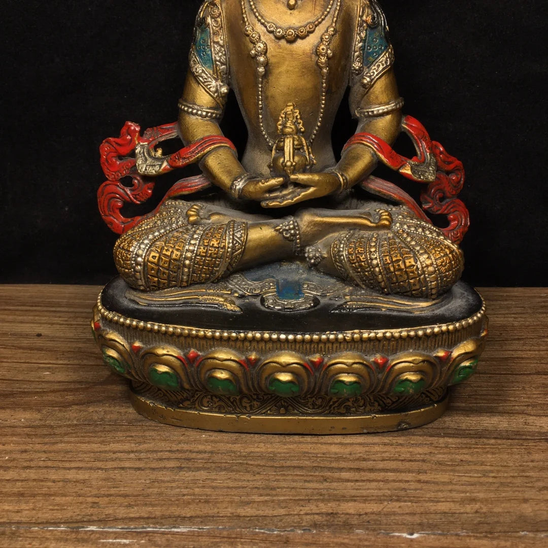 9"Tibetan Temple Collection Old Bronze Painted Amitayus Longevity Buddha Backlight lotus platform Worship Hall Town House