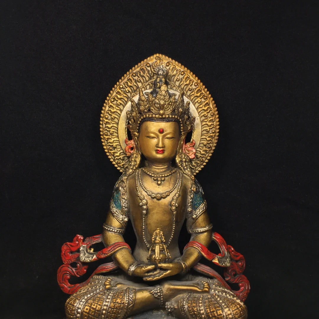 9"Tibetan Temple Collection Old Bronze Painted Amitayus Longevity Buddha Backlight lotus platform Worship Hall Town House