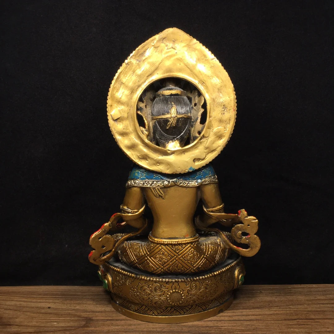 9"Tibetan Temple Collection Old Bronze Painted Amitayus Longevity Buddha Backlight lotus platform Worship Hall Town House