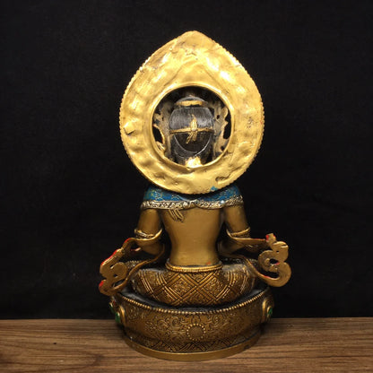 9"Tibetan Temple Collection Old Bronze Painted Amitayus Longevity Buddha Backlight lotus platform Worship Hall Town House