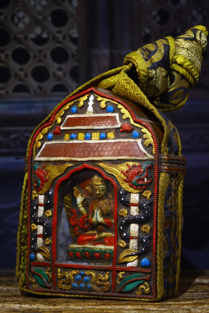 9"Tibetan Temple Collection Old Bronze Painted Four-armed Guanyin Bodhisattva Buddha Gawu Box Worship Hall Town house Exorcism