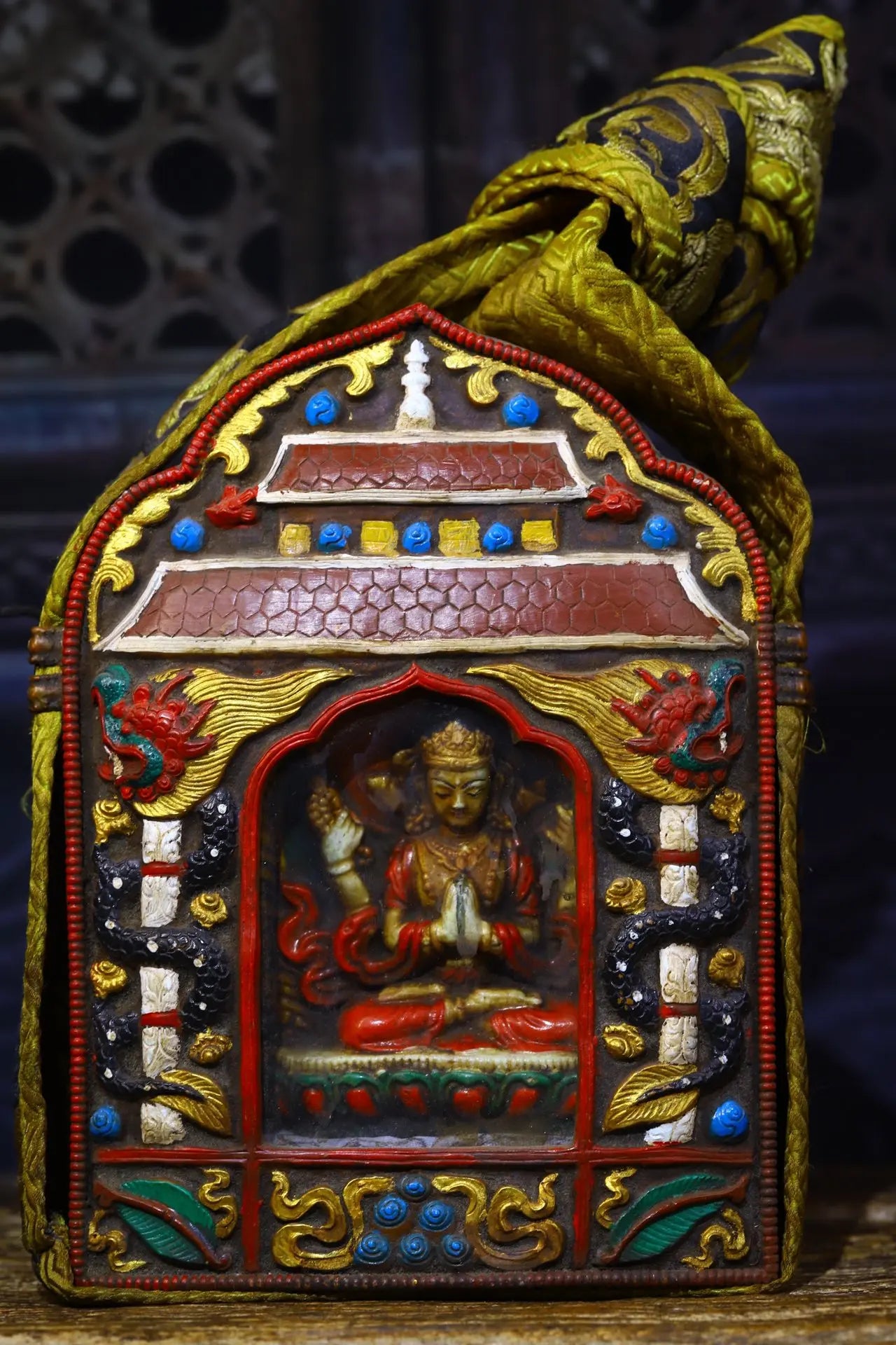 9"Tibetan Temple Collection Old Bronze Painted Four-armed Guanyin Bodhisattva Buddha Gawu Box Worship Hall Town house Exorcism