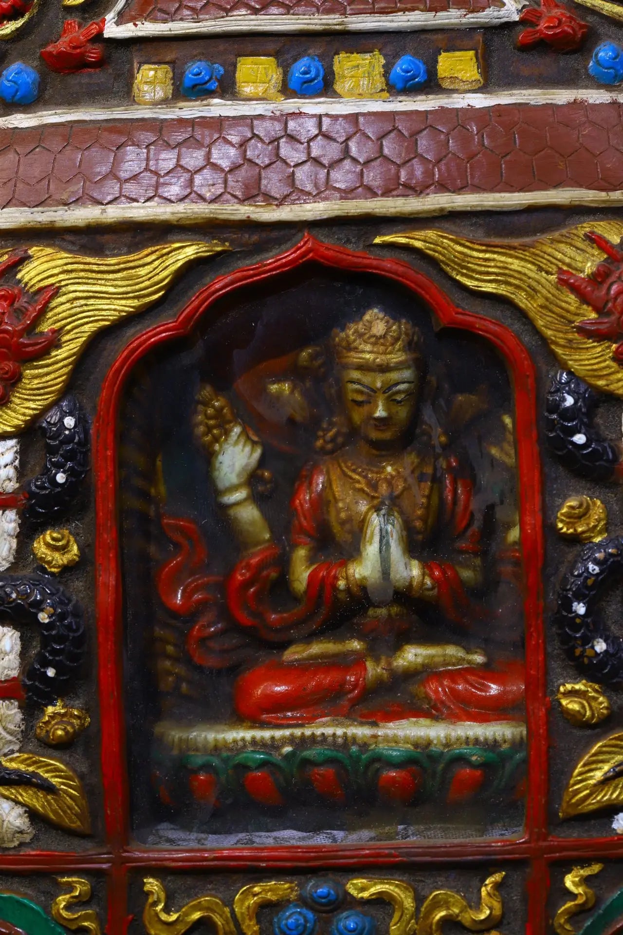 9"Tibetan Temple Collection Old Bronze Painted Four-armed Guanyin Bodhisattva Buddha Gawu Box Worship Hall Town house Exorcism