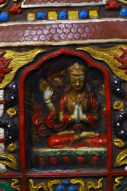 9"Tibetan Temple Collection Old Bronze Painted Four-armed Guanyin Bodhisattva Buddha Gawu Box Worship Hall Town house Exorcism