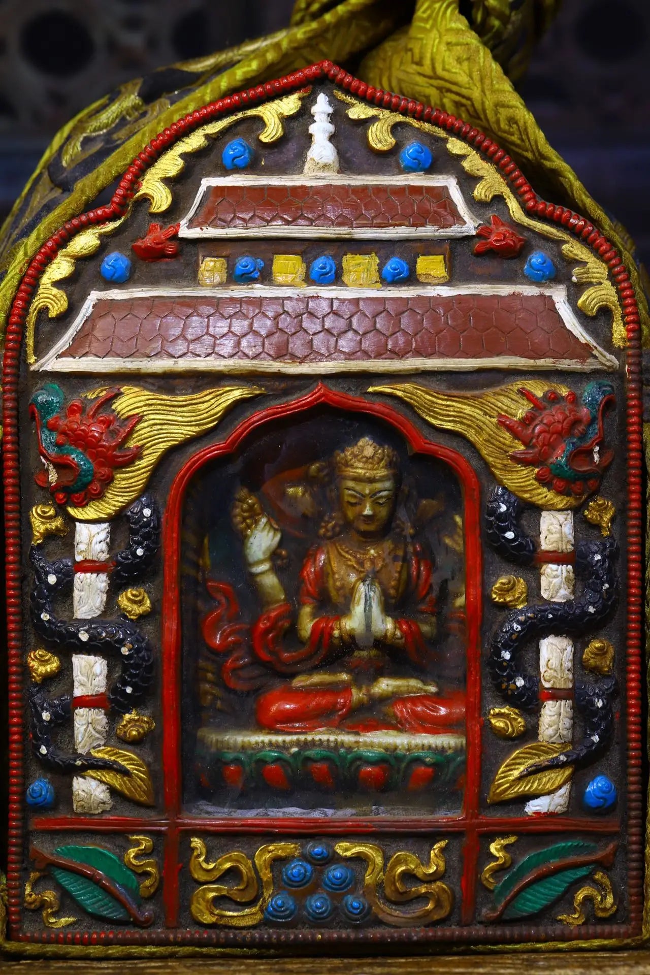 9"Tibetan Temple Collection Old Bronze Painted Four-armed Guanyin Bodhisattva Buddha Gawu Box Worship Hall Town house Exorcism