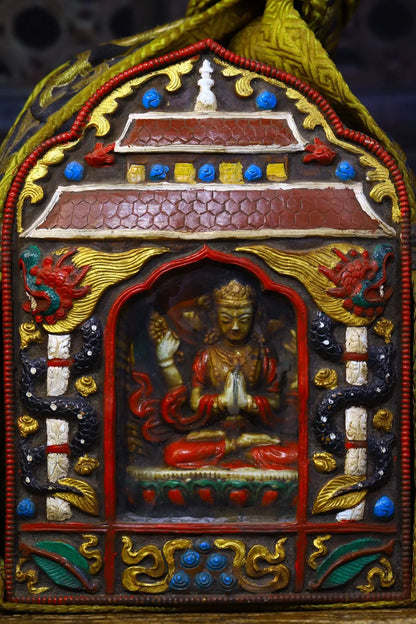9"Tibetan Temple Collection Old Bronze Painted Four-armed Guanyin Bodhisattva Buddha Gawu Box Worship Hall Town house Exorcism