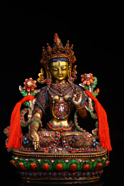 9"Tibetan Temple Collection Old Bronze Painted Outline in gold Mosaic Gem gZi Beads White Tara Sitting Buddha Worship Hall